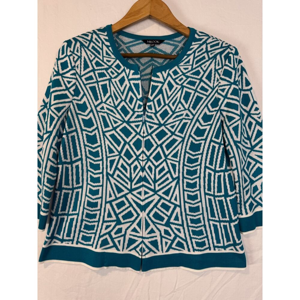 Misook Cardigan Sweater Womens Petite Medium‎ PM Geometric Teal Zip Up Knit - Picture 3 of 5